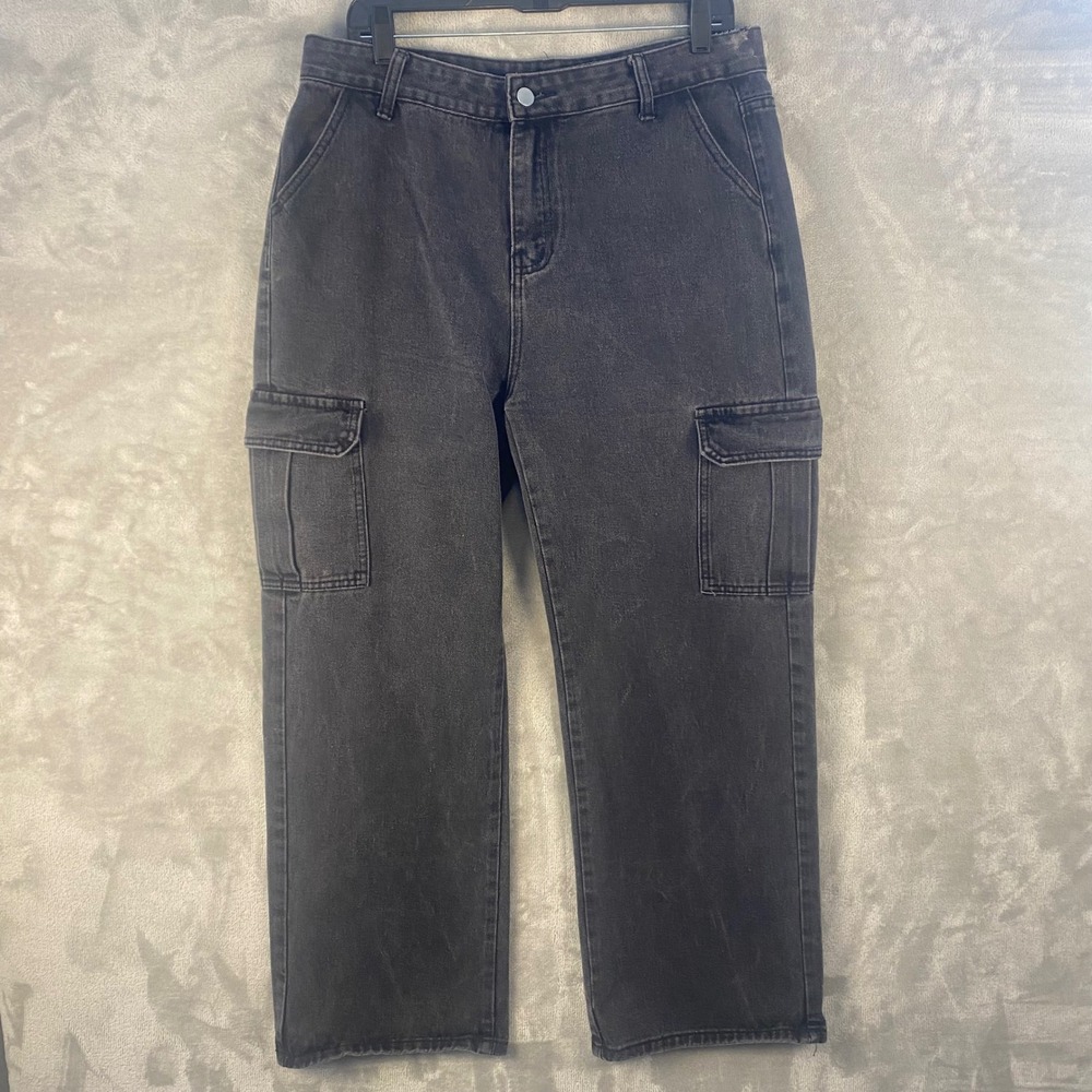 Womens XL Black Gray‎ Wash High Waist Denim Cargo Pants Streetwear Casual Jeans